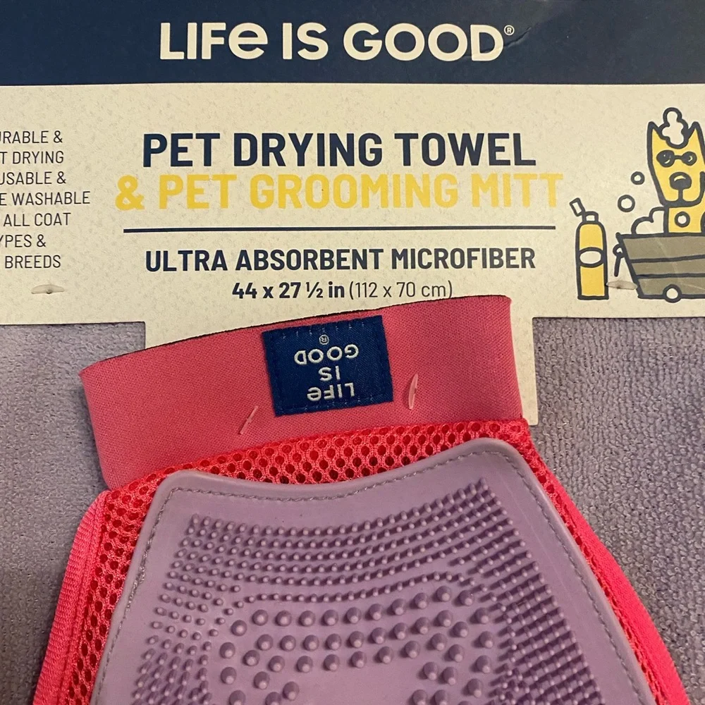 Life Is Good Purple Towel and Pink Grooming Mitt Set